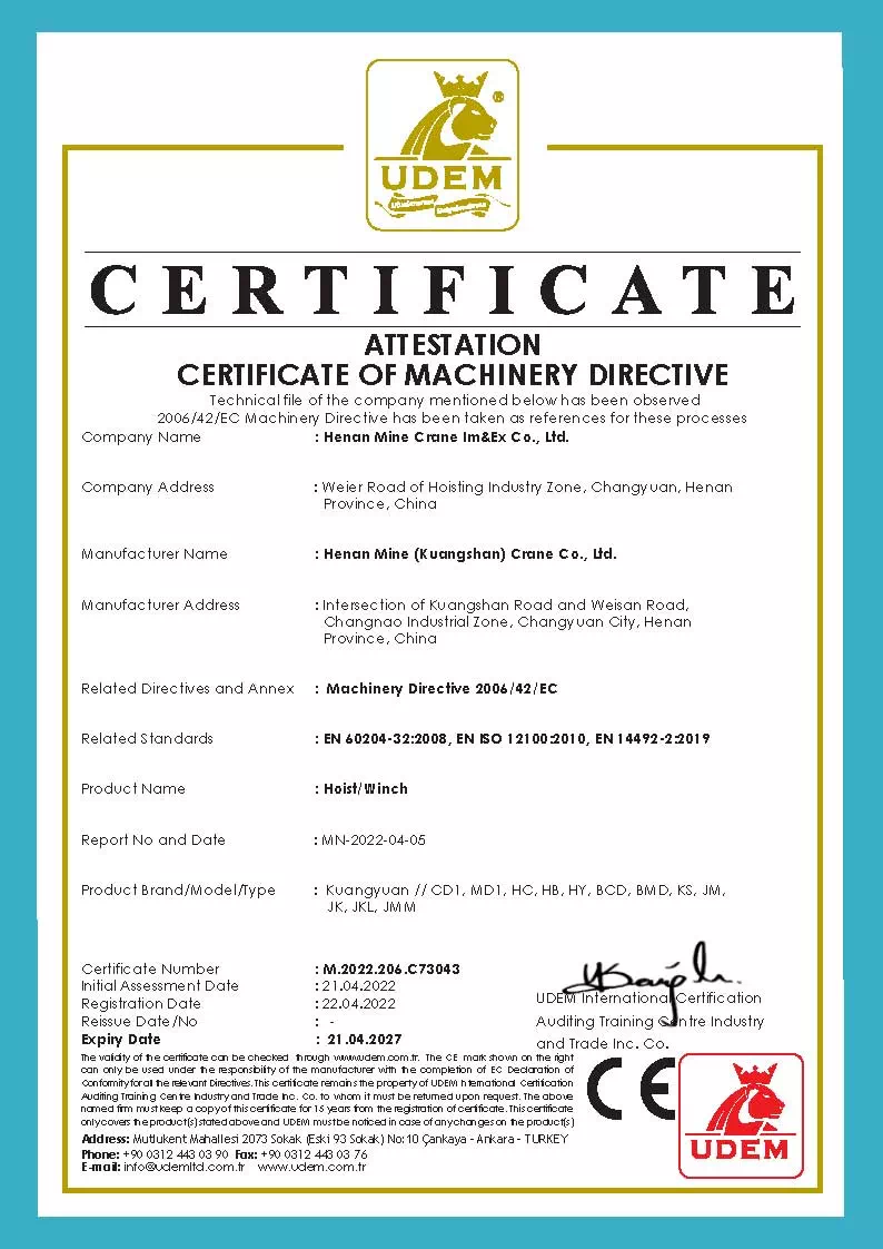 CE Certification for Hoist/Winch - 2006/42/EC Machinery Directive Compliance