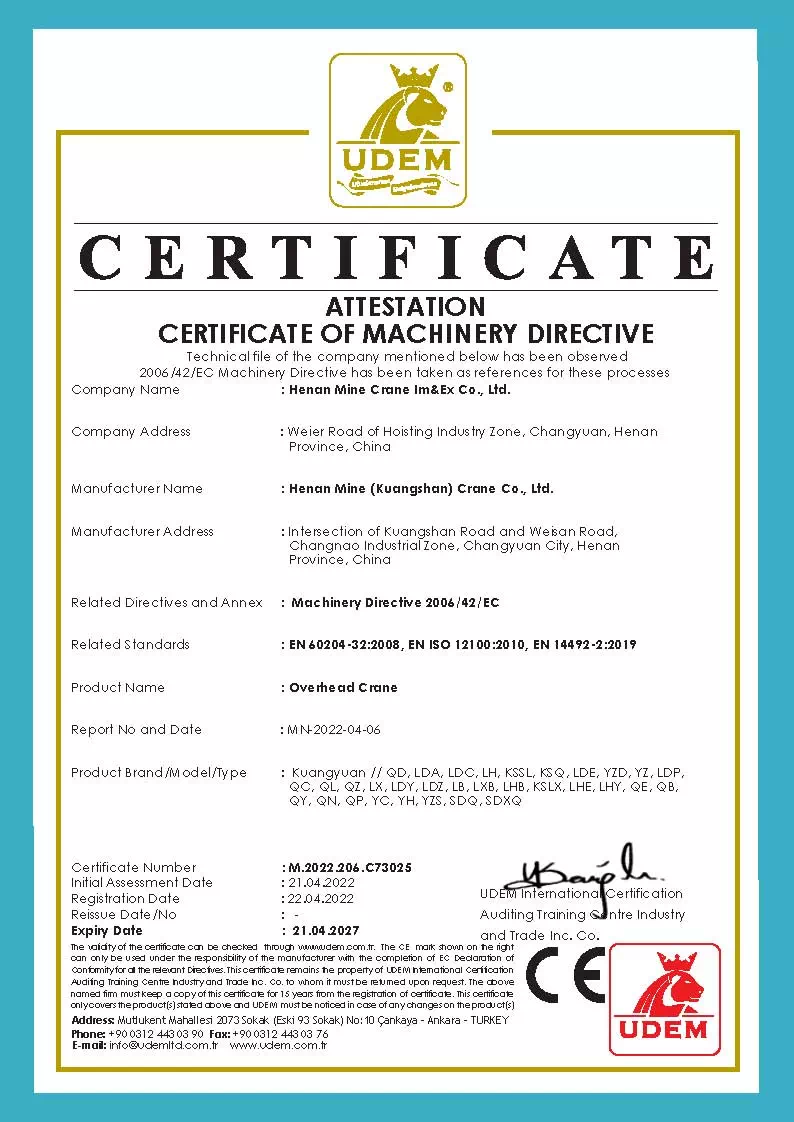 EU CE Certified Overhead Crane - Compliant with 2006/42/EC Machinery Directive